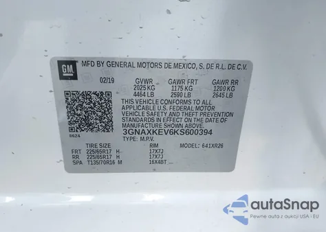 2019 Chevrolet Equinox Lt из США, поврежденный, VIN 3GNAXKEV6KS600394